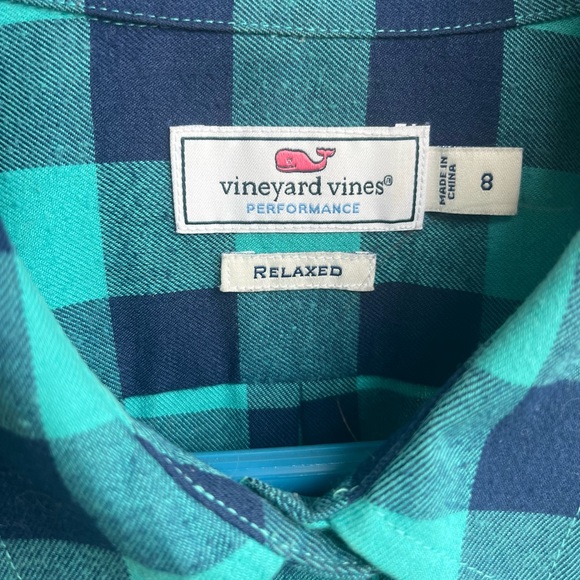 NWOT Vinyard Vines, Performance, Relaxed-fit teal/navy checkered button down - Picture 2 of 7